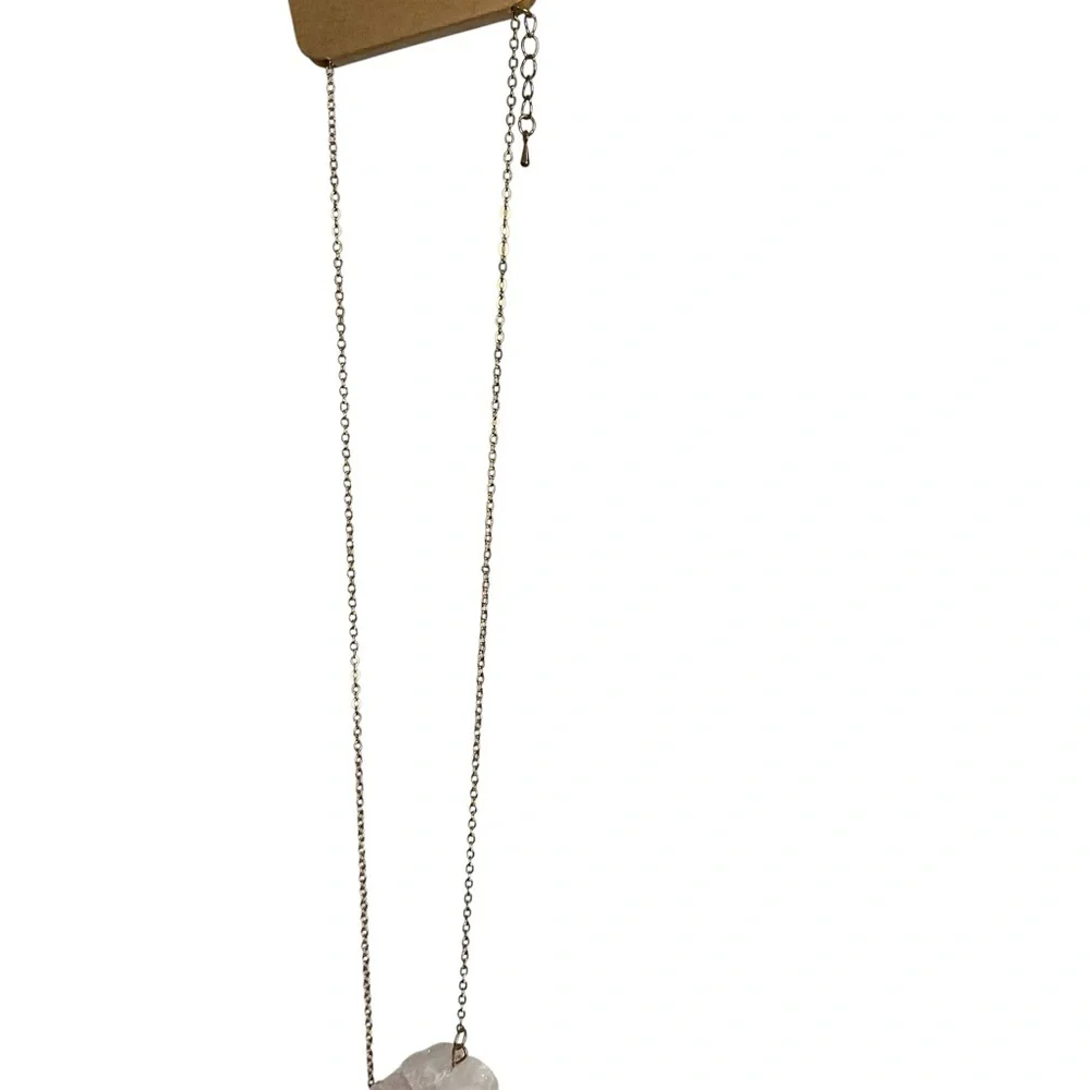 Gold Necklace with Raw Pink Rose Quartz and Clear Crystal Pendant